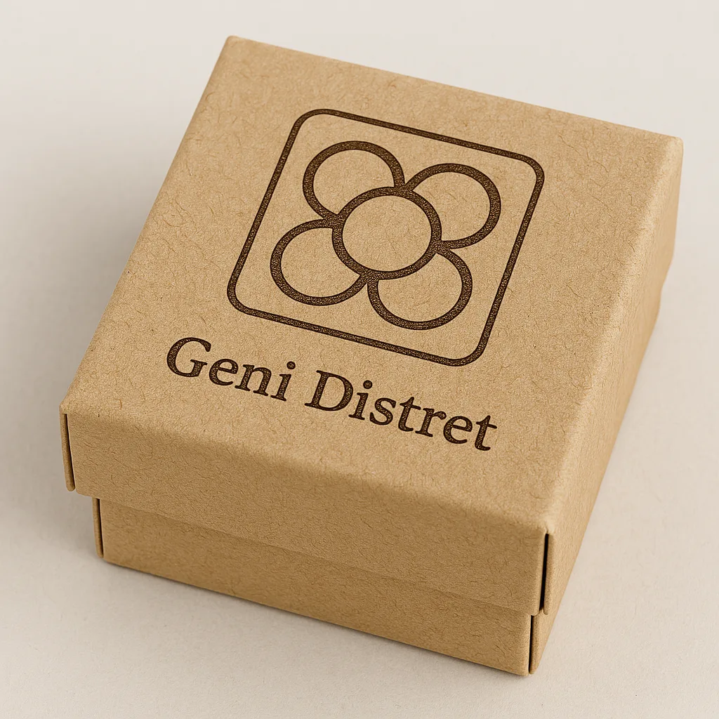 Caja de cartón kraft con el logo de Geni Distret grabado a láser